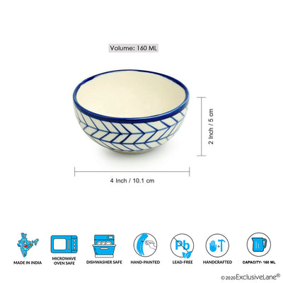 Indigo Chevron' Hand-painted Ceramic Dining Bowl Katoris (Set of 4 | 160 ML | Microwave Safe)