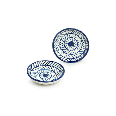 Indigo Chevron' Hand-painted Ceramic Chutney Bowls (Set of 2 | 25 ML | Microwave Safe)