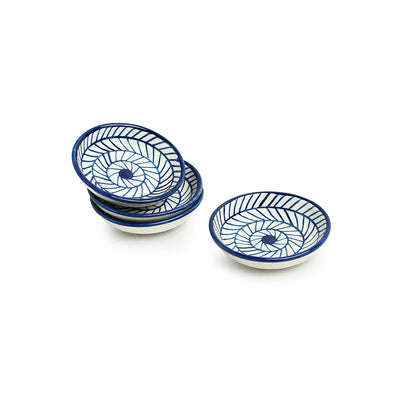 Indigo Chevron' Hand-painted Ceramic Chutney Bowls (Set of 4 | 25 ML | Microwave Safe)