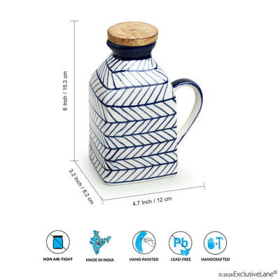 Indigo Chevron' Hand-painted Ceramic Milk & Water Jugs (Non-airtight | Set of 2 | 480 ML | Microwave Safe)