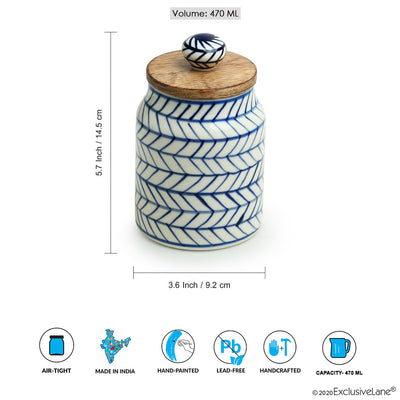 Indigo Chevron' Hand-painted Ceramic Multi-utility Storage Jars & Containers (Airtight | Set of 2 | 470 ML | Microwave Safe)