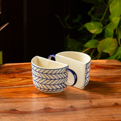 Indigo Chevron' Hand-painted Ceramic Unique Half Cup For Coffee & Tea (Set of 2 | 200 ML | Microwave Safe)