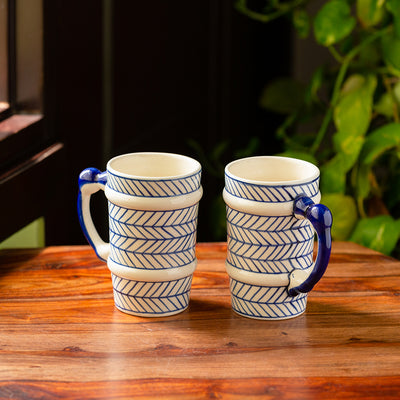 Indigo Chevron' Hand-painted Ceramic Milk & Beer Mugs (Set of 2 | 510 ML | Microwave Safe)
