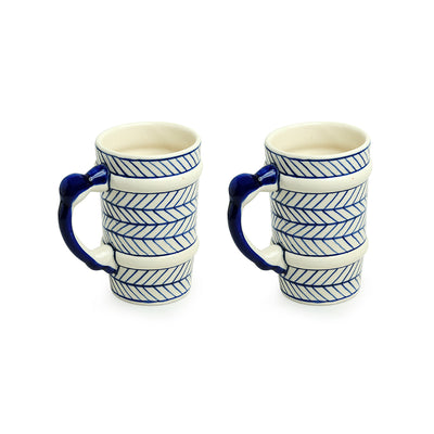 Indigo Chevron' Hand-painted Ceramic Milk & Beer Mugs (Set of 2 | 510 ML | Microwave Safe)