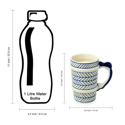 Indigo Chevron' Hand-painted Ceramic Milk & Beer Mugs (Set of 2 | 510 ML | Microwave Safe)