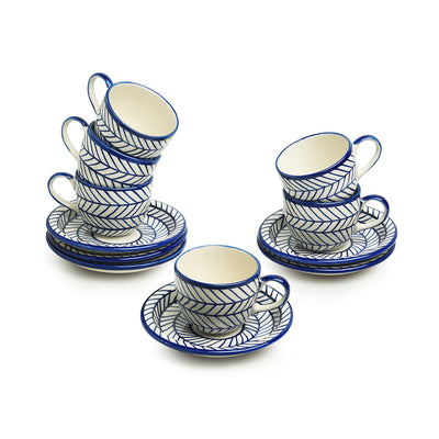 Indigo Chevron' Hand-painted Ceramic Tea Cups With Saucers (Set of 6 | 160 ML | Microwave Safe)