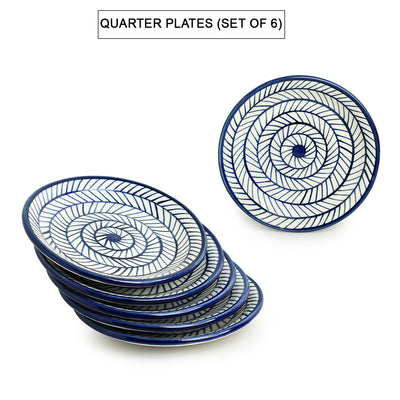 Indigo Chevron' Hand-painted Ceramic Side/Quarter Plates (Set of 6 | Microwave Safe)