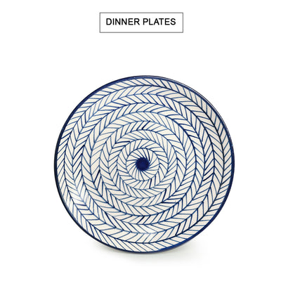 Indigo Chevron' Hand-painted Ceramic Dinner Plate With Katoris (3 Pieces | Serving for 1 | Microwave Safe)
