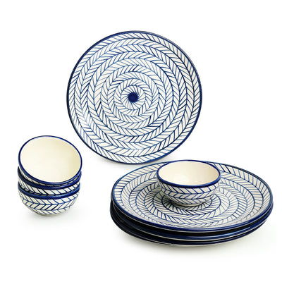 Indigo Chevron' Hand-painted Ceramic Dinner Plates With Katoris (8 Pieces | Serving for 4 | Microwave Safe)