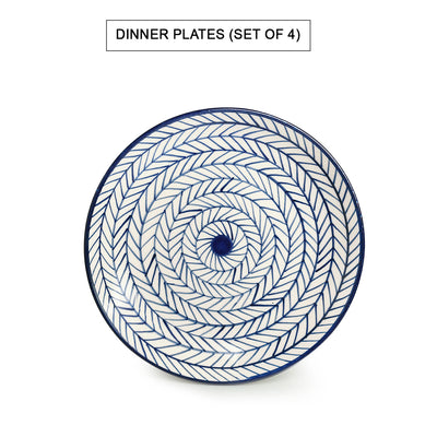 Indigo Chevron' Hand-painted Ceramic Dinner Plates With Serving Bowls & Katoris (10 Pieces | Serving for 4 | Microwave Safe)