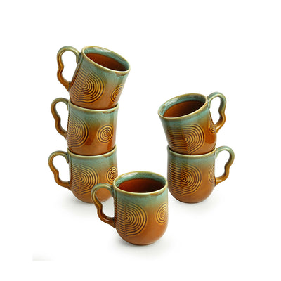 Peacock Boulevard' Hand-Engraved Ceramic Coffee & Tea Cups (Set of 6 | 180 ML | Microwave Safe)