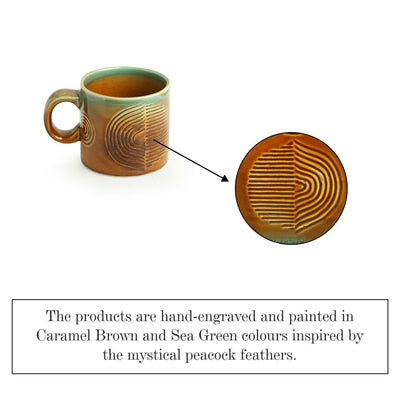 Peacock Boulevard' Hand-Engraved Ceramic Coffee & Tea Mugs (Set of 2 | 300 ML | Microwave Safe)
