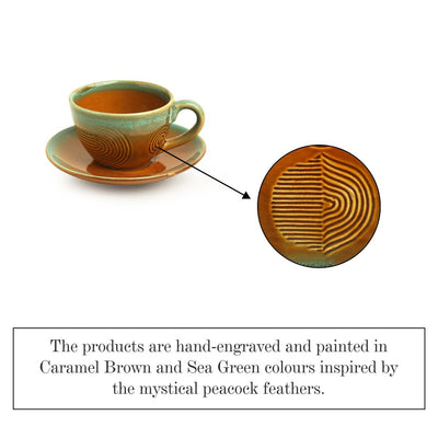 Peacock Boulevard' Hand-Engraved Ceramic Tea Cups & Saucers (Set of 2 | 180 ML | Microwave Safe)