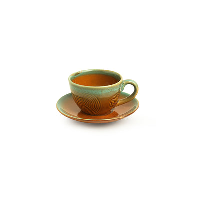 Peacock Boulevard' Hand-Engraved Ceramic Tea Cups & Saucers (Set of 4 | 180 ML | Microwave Safe)