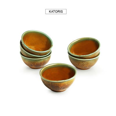 Peacock Boulevard' Hand-Engraved Ceramic Dining Bowl Katoris (Set of 6 | 200 ML | Microwave Safe)