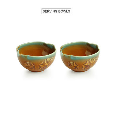 Peacock Boulevard' Hand-Engraved Ceramic Serving Bowls (Set of 2 | 480 ML | Microwave Safe)