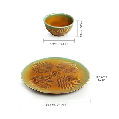 Peacock Boulevard' Hand-Engraved Ceramic Dinner Plates | Side/Quarter Plates & Katoris (12 Pieces | Serving for 4 | Microwave Safe)