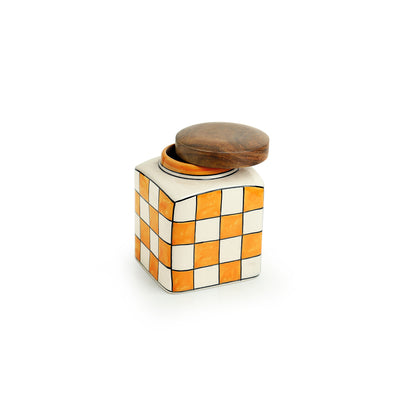 Shatranj Checkered' Hand-painted Multi-Purpose Storage Jar & Container in Ceramic (Airtight | 200 ML | 4 Inch)