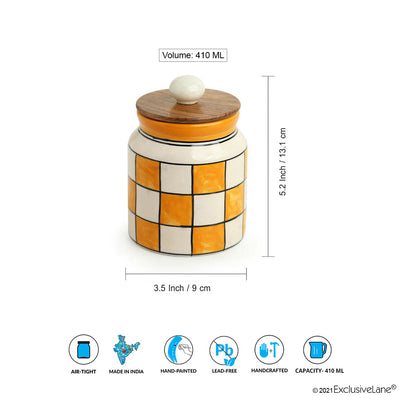 Shatranj Checkered' Hand-painted Multi-Purpose Storage Jars & Containers in Ceramic (Airtight | Set of 2 | 410 ML | 5.2 Inch)
