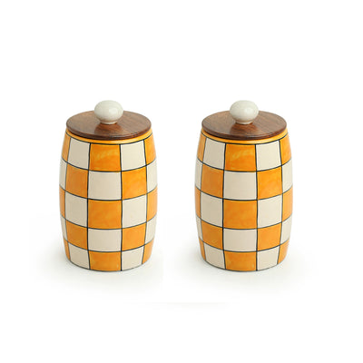Shatranj Checkered' Hand-painted Multi-Purpose Storage Jars & Containers in Ceramic (Airtight | Set of 2 | 600 ML | 6.1 Inch)