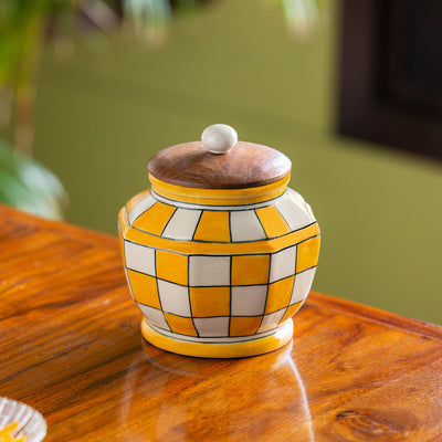 Shatranj Checkered' Hand-painted Multi-Purpose Storage Jar & Container in Ceramic (Non-airtight | 1360 ML | 6.4 Inch)