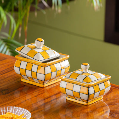 Shatranj Checkered' Hand-painted Serving Handis with Lids in Ceramic (Set of 2 | Microwave Safe)