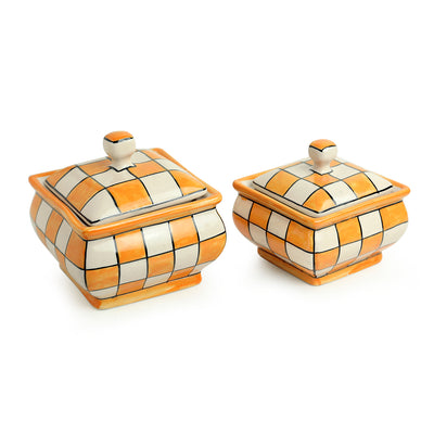 Shatranj Checkered' Hand-painted Serving Handis with Lids in Ceramic (Set of 2 | Microwave Safe)