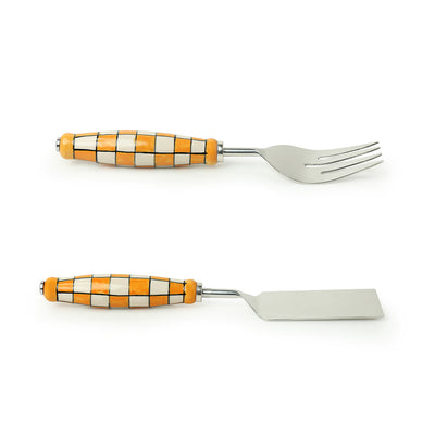 'Shatranj Checkered' Hand-Painted Serving Fork & Scraper In Stainless Steel & Ceramic (Set of 2)