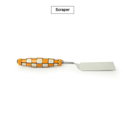 'Shatranj Checkered' Hand-Painted Serving Fork & Scraper In Stainless Steel & Ceramic (Set of 2)