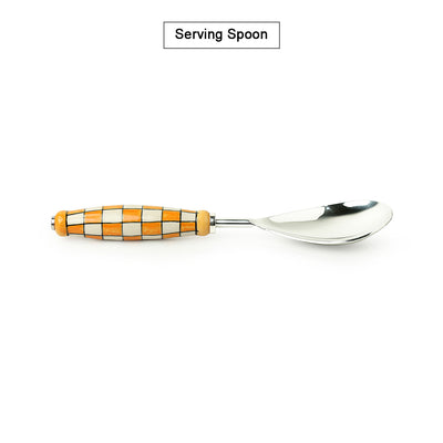 'Shatranj Checkered' Hand-Painted Serving Spoon & Fork Set In Stainless Steel & Ceramic (Set of 2)