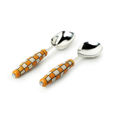 'Shatranj Checkered' Hand-Painted Serving Spoon Set In Stainless Steel & Ceramic (Set of 2)