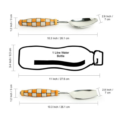 'Shatranj Checkered' Hand-Painted Serving Spoon Set In Stainless Steel & Ceramic (Set of 2)