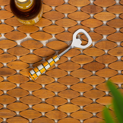 'Shatranj Checkered' Hand-Painted Bottle Opener In Stainless Steel & Ceramic