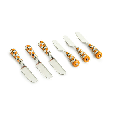 'Shatranj Checkered' Hand-Painted Table Knives In Stainless Steel & Ceramic (Set of 6)