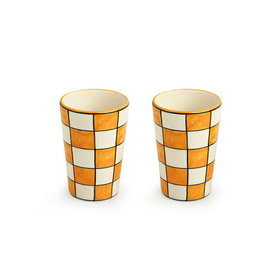 Shatranj Checkered' Hand-painted Glasses In Ceramic (Set of 2 | 250 ML | Microwave Safe)