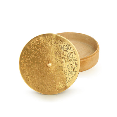'Floral-Etched' Handcrafted Chapati Box In Brass & Mango Wood
