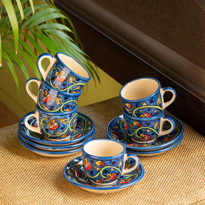 Mughal Gardens-2' Hand-painted Ceramic Coffee & Tea Cups With Saucers (Set of 6 | 140 ML | Microwave Safe)