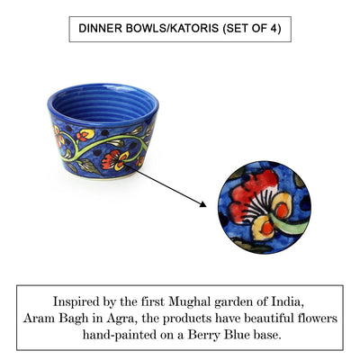 Mughal Gardens-2' Hand-painted Ceramic Dinner Bowls/Katoris (Set of 4 | 210 ML | Microwave Safe)
