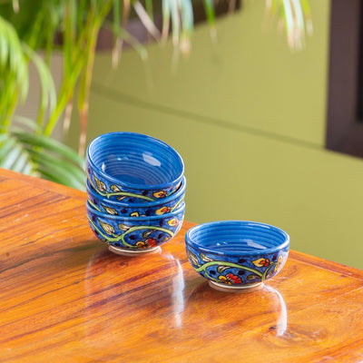 Mughal Gardens-2' Hand-painted Ceramic Dinner Bowls/Katoris (Set of 4 | 160 ML | Microwave Safe)