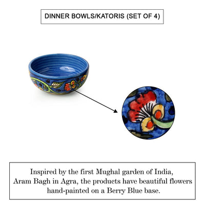Mughal Gardens-2' Hand-painted Ceramic Dinner Bowls/Katoris (Set of 4 | 160 ML | Microwave Safe)