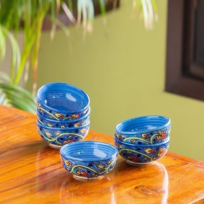 Mughal Gardens-2' Hand-painted Ceramic Dinner Bowls/Katoris (Set of 6 | 160 ML | Microwave Safe)