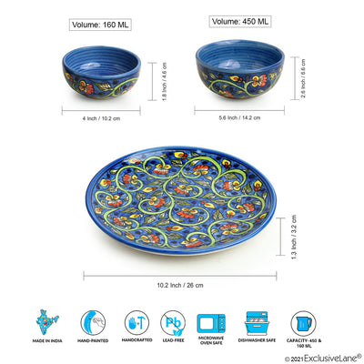 Mughal Gardens-2' Hand-painted Ceramic Dinner Plates | Serving Bowls & Dinner Katoris (10 Pieces | Serving for 4 | Microwave Safe)