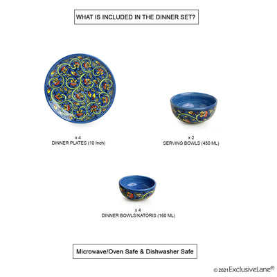 Mughal Gardens-2' Hand-painted Ceramic Dinner Plates | Serving Bowls & Dinner Katoris (10 Pieces | Serving for 4 | Microwave Safe)