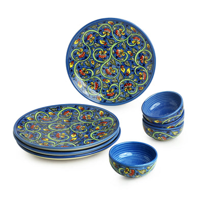 Mughal Gardens-2' Hand-painted Ceramic Dinner Plates With Dinner Katoris (8 Pieces | Serving for 4 | Microwave Safe)