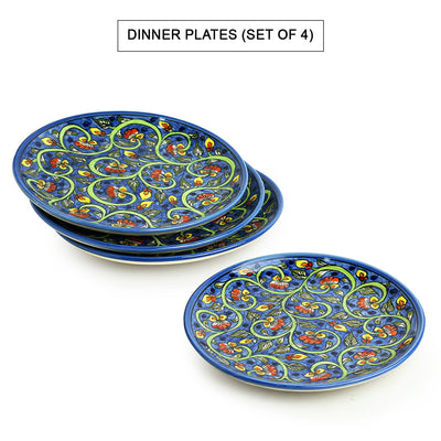 Mughal Gardens-2' Hand-painted Ceramic Dinner Plates With Dinner Katoris (8 Pieces | Serving for 4 | Microwave Safe)