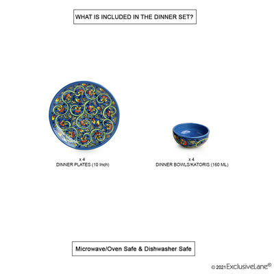 Mughal Gardens-2' Hand-painted Ceramic Dinner Plates With Dinner Katoris (8 Pieces | Serving for 4 | Microwave Safe)