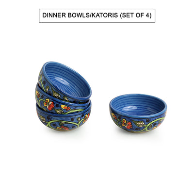 Mughal Gardens-2' Hand-painted Ceramic Dinner Plates | Side/Quarter Plates & Dinner Katoris (12 Pieces | Serving for 4 | Microwave Safe)