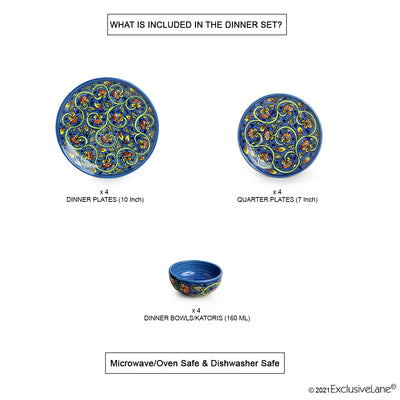 Mughal Gardens-2' Hand-painted Ceramic Dinner Plates | Side/Quarter Plates & Dinner Katoris (12 Pieces | Serving for 4 | Microwave Safe)