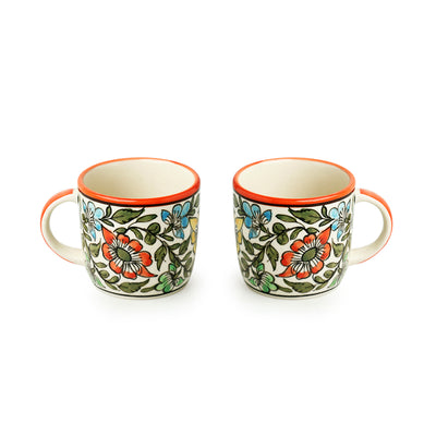 Mughal Bagheecha' Hand-painted Ceramic Tea & Coffee Mugs (Set of 2 | 340 ML | Microwave Safe)