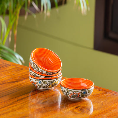Mughal Bagheecha' Hand-painted Ceramic Dinner Bowls/Katoris (Set of 4 | 160 ML | Microwave Safe)